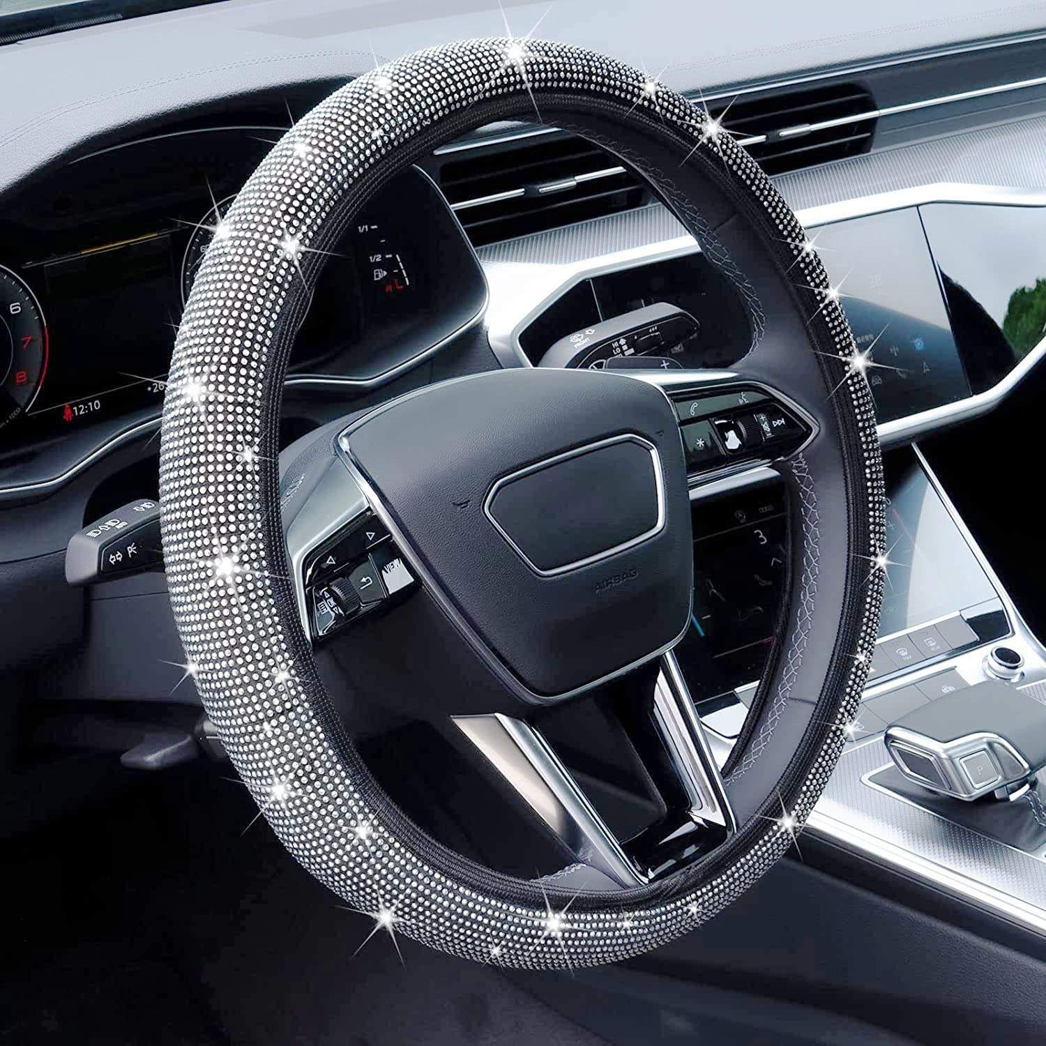 Bling Rhinestone Steering Wheel Cover for Women - Universal 38cm Crystal Diamond Car Wheel Protector